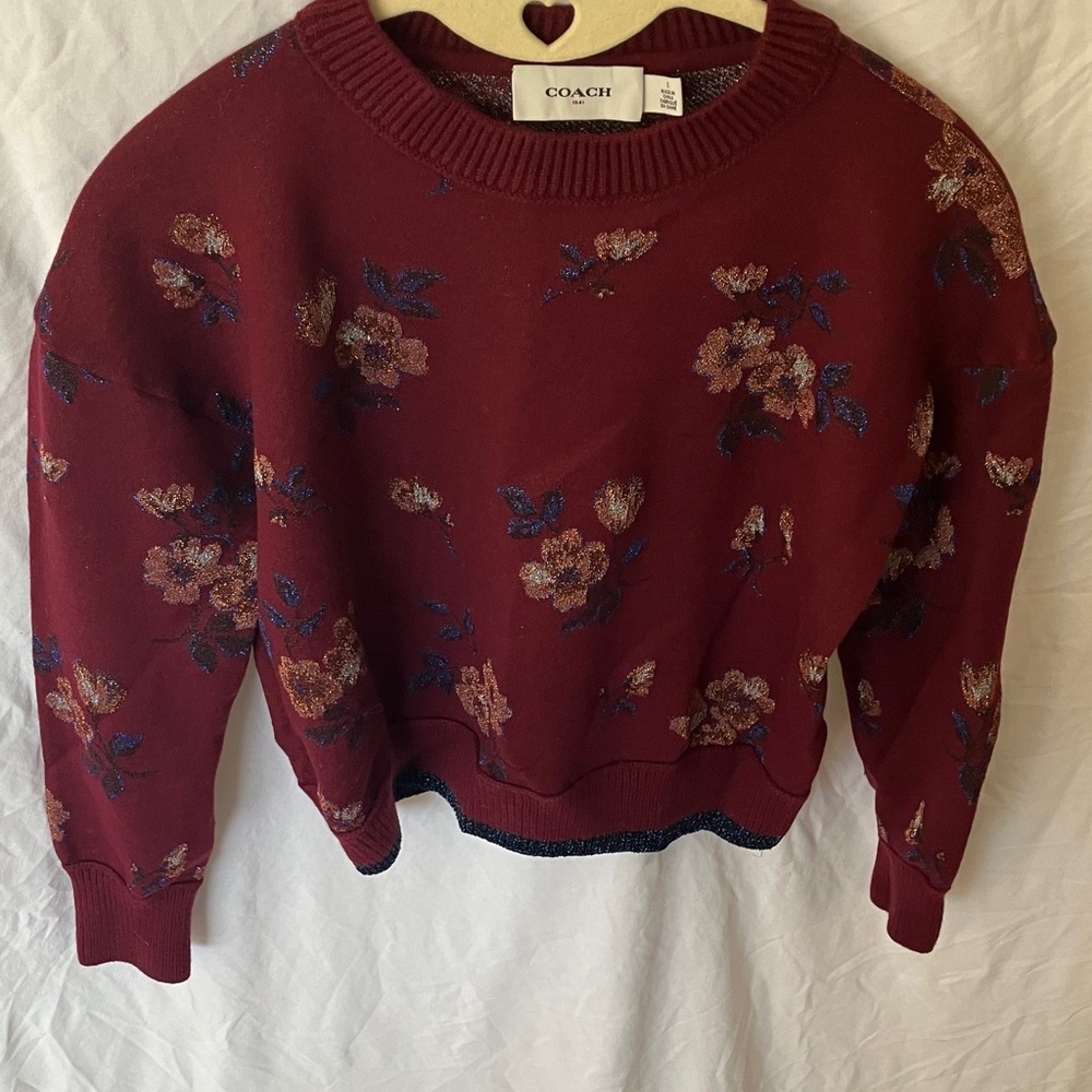 Coach: Burgundy Floral Jacquard Crewneck (66531)Sweater- Wool Blend- Metallic- S - Picture 16 of 16